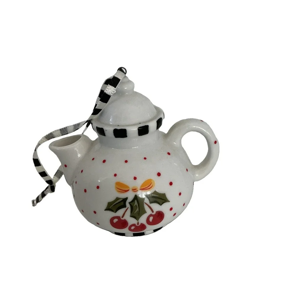 Mary Engelbreit Mini Teapot Ornament- White & Black & Red w/ Cherries Christmas